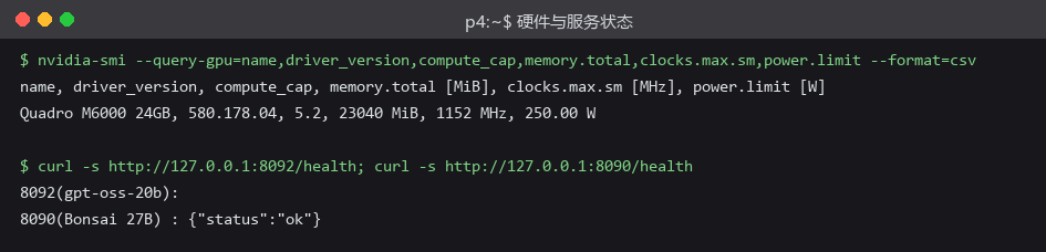 图 1：测试机硬件与服务状态（Quadro M6000 24GB / 驱动 580.178.04）